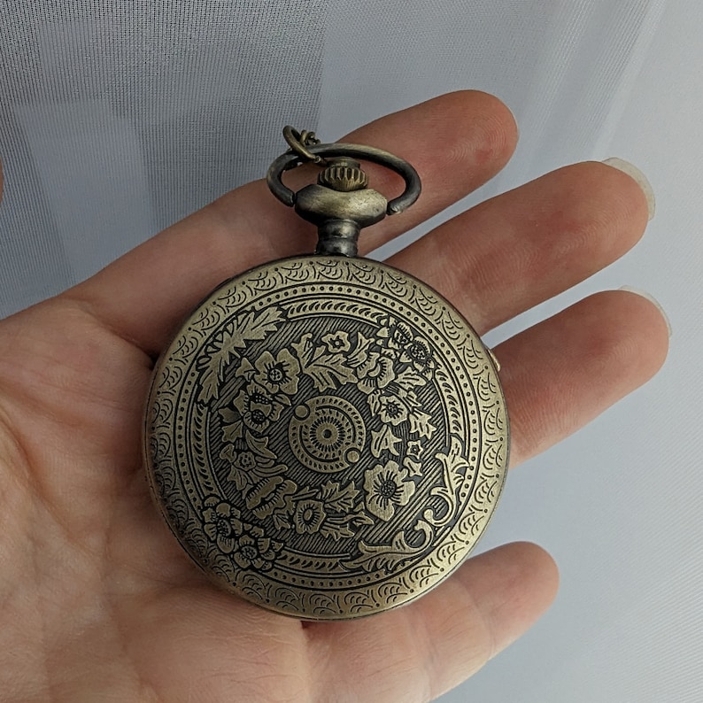 Large gothic fantasy dragon pocket watch necklace with blue opal replica.  Dragon jewelry gift.