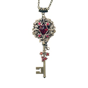 Vintage Brass Elven key necklace with Red Swarovski crystals, Magical Jewelry, Fairy Jewelry, Fantasy Jewelry