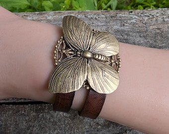 Handmade Boho Styled Brass Butterfly tiered Adjustable Leather Bracelet,  Butterfly Jewelry