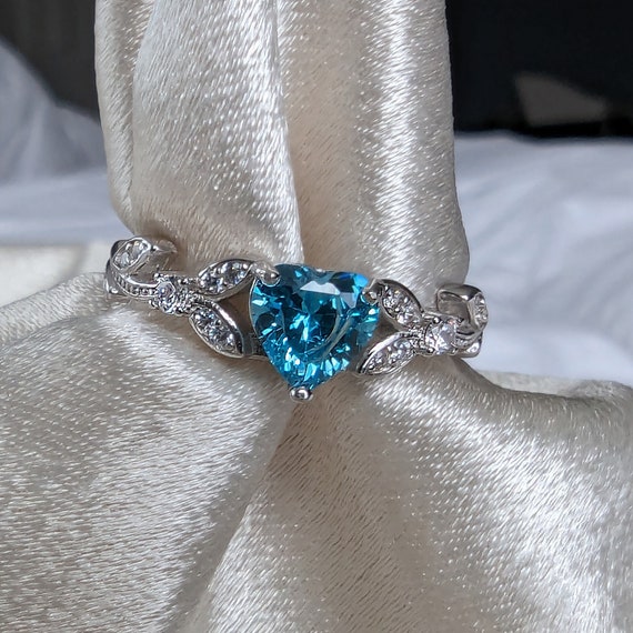 Sterling Silver Simulated Aquamarine Heart Ring - Solid 925 Silver Love Band, Size 5 - View #3