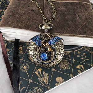 Large gothic fantasy dragon pocket watch necklace with blue opal replica.  Dragon jewelry gift.