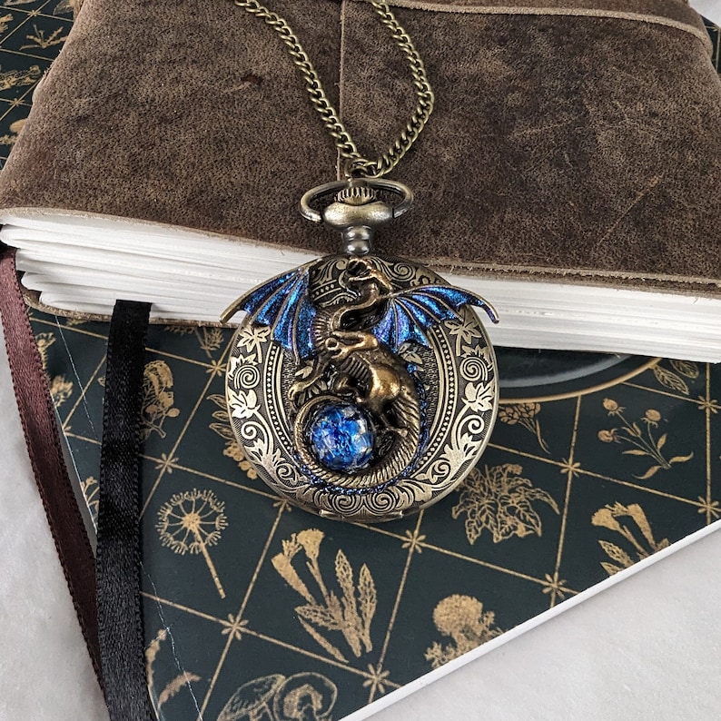 Large gothic fantasy dragon pocket watch necklace with blue opal replica.  Dragon jewelry gift.