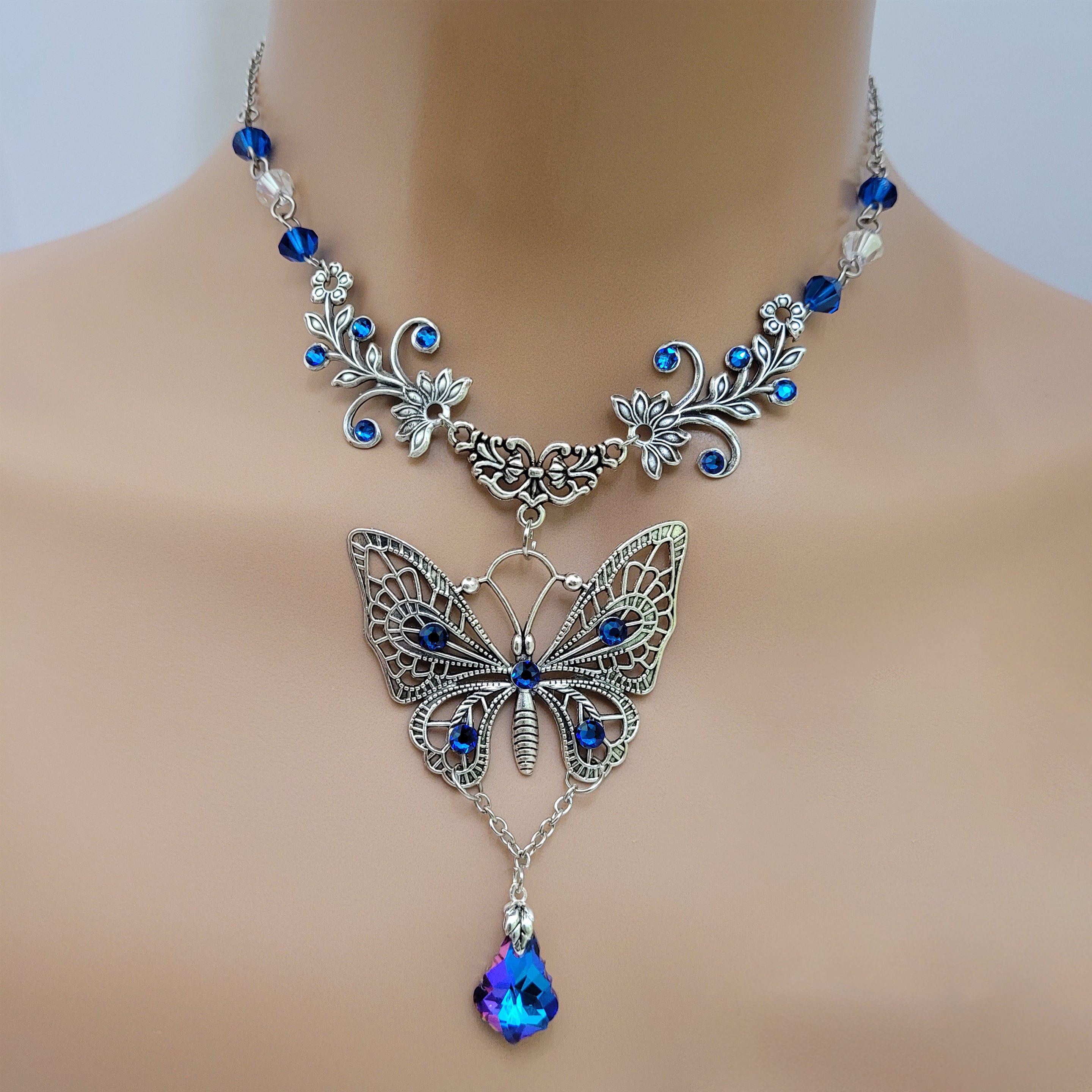 Clear Crystal Butterfly Knot Bowknot Pendant Silver Necklace