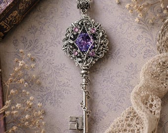 Fairycore Silver Key Necklace with Swarovski Crystal – Fantasy Floral Jewelry