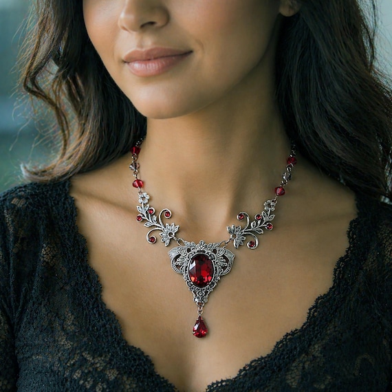 Vintage Scarlet Swarovski Crystal Necklace: Gothic Vampire Jewelry with Optional Earrings