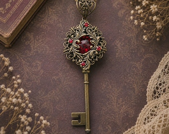 Vintage Fairycore Key Necklace with Red Swarovski Crystal – Gothic Fantasy Jewelry