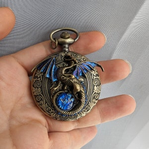Large gothic fantasy dragon pocket watch necklace with blue opal replica.  Dragon jewelry gift.