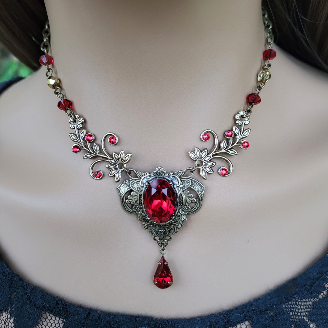 Vintage Brass Scarlet Crystal Necklace With Optional Earrings, Gothic ...