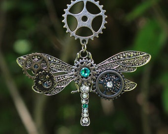 Steampunk Dragonfly necklace with blue Swarovski crystals, Steampunk jewlery