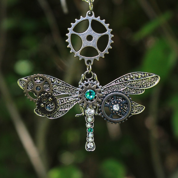 Steampunk Dragonfly necklace with blue Swarovski crystals, Steampunk jewlery