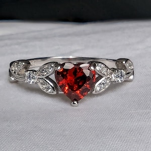 White or Rose Gold Garnet Cubic Zirconia Heart Shaped Ring, Garnet Jewelry, CZ Promise Ring, Engagement or Wedding Ring, January Birthstone