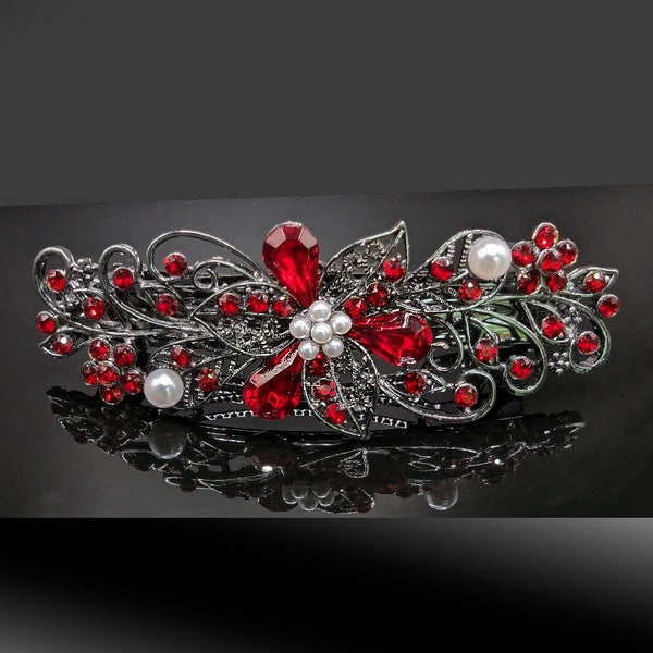 High Quality Vintage Elven Floral Hair Barrette made with Red Siam Swarovski crystals, Bridal Hair Jewelry, Vintage Hair Clip