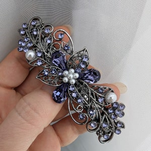 Vintage Tanzanite Swarovski Crystal Floral Barrette for Thick Hair – Art Nouveau Elegant Bridal Hair Clip