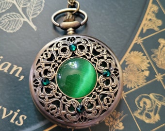 Large Vintage Quartz Pocket Watch with Emerald Swarovski Crystals Necklace, Vintage Jewelry, Watch Necklace, Steampunk Jewelry