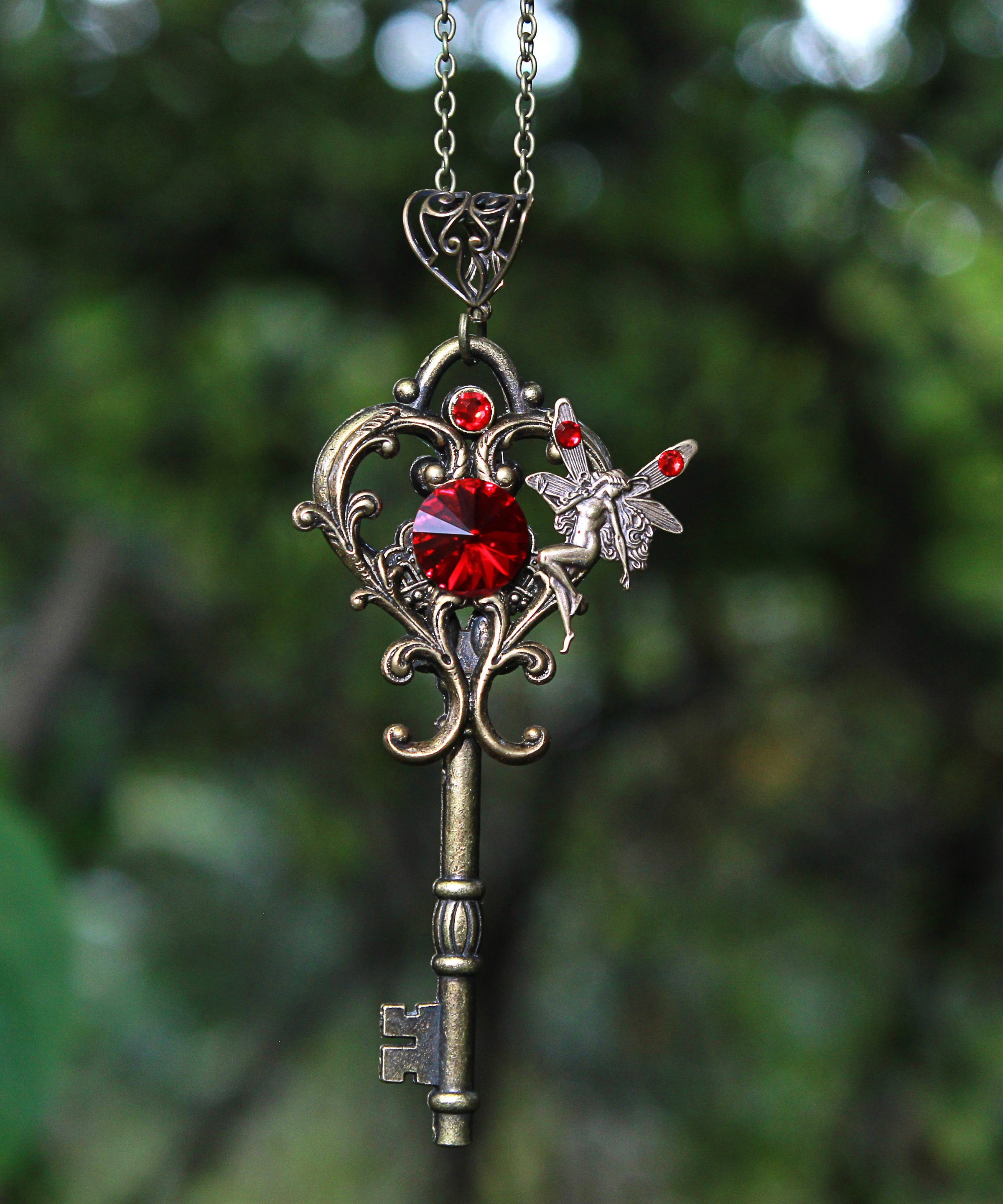 Brass Key to Your Heart Fantasy Necklace With Fairy and Swarovski Crystals,  Fantasy Jewelry, Fairy Jewelry, Key Jewelry 