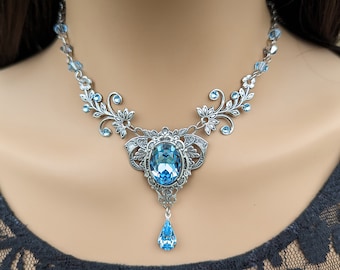 Gorgeous Aquamarine Sterling Silver Vintage Necklace and Optional Earrings made with Swarovski Crystals, Elven Jewelry, Bridal Jewelry Set