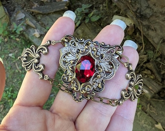 Gothic Vintage Brass Bracelet with Red Siam Swarovski Crystal | Adjustable Victorian Style Jewelry
