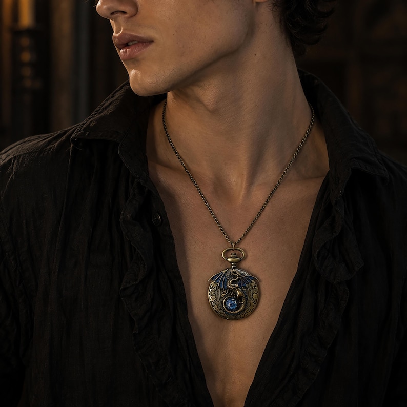 Gothic fantasy dragon pocket watch necklace with blue opal replica.  Dragon jewelry gift.