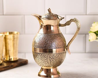 Handcrafted Brass Water Jug With Lid, Vintage Indian Pitcher for Table Serving, Engraved Metal Drinkware, Traditional Kitchen Decor