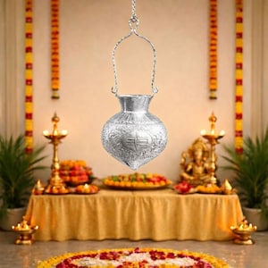German Silver Jal Dhara Hanging Pot, Shivling Abhishek Water Drip Vessel, Om Namah Temple Decor, Hindu Puja Accessory