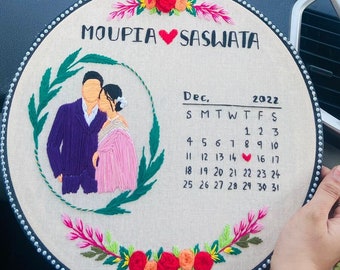 Calendar Embroidery Portrait - Custom Embroidery Portraits - Embroidered Family Portrait - Personalized Family Wedding Gift