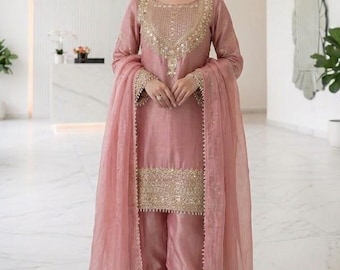 Beautiful Pink Designer Heavy Sequence with Embroidered Salwar Kameez With Dupatta, Ombre Salwar Kameez, Party Wear sharara, Suits for Eid