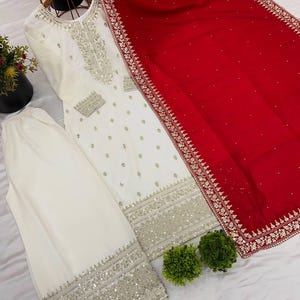 ホワイトデザイナーの重厚な刺繍が施された赤いサルワール カミーズとドゥパッタ、サルワール カミーズ パキスタン スーツ プラスサイズ ドレス、イード スペシャル向けスーツ