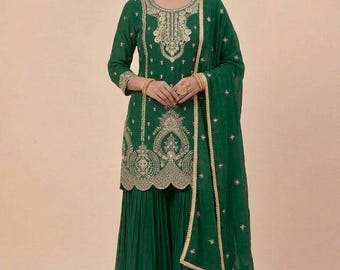 Royal Blue Designer Embroidered Kurta Palazzo Suit Chinon Silk Salwar Kameez