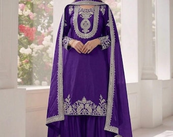 New Designer Embroidered Kurta Sharara set 3 Pc Salwar Kameez Readymade Bollywood Inspired Designer Wear, Stylish Kurta Palazzo Suit for Eid