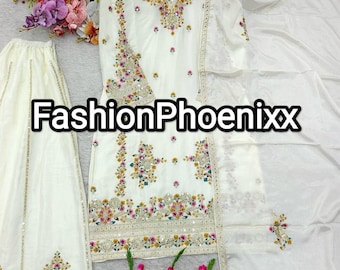 Neue Designer bestickt Kurta Sharara Set 3 Pc Salwar Kameez Fertig Bollywood inspiriert Designer Wear, Hochzeit Kurta Sharara, Anzug für Eid