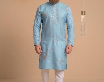 Men's Blue Viscose Silk Kurta Pyjama Set with Sequence Work – Party Wear Traditional Eid