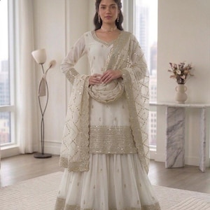 white dress with red dupatta White Eid Special Elegant Chinon Silk Suit with Dupatta