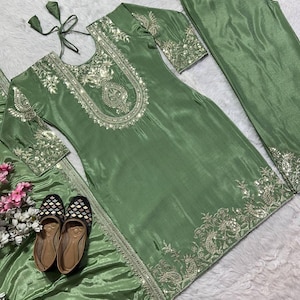 Pista Green Designer Embroidered Kurta Sharara set 3 Pc Salwar Kameez Readymade Bollywood Inspired Designer Wear, Kurta Palazzo Suit for Eid