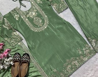 Pista Green Designer Bestickt Kurta Sharara Set 3 Pc Salwar Kameez Fertige Bollywood Inspirierte Designer Wear, Kurta Palazzo Anzug für Eid