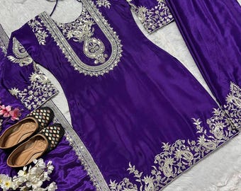 Neuer Designer Bestickter Kurta Sharara Set 3 Pc Salwar Kameez Fertige Bollywood Inspirierte Designer Wear, Stilvoller Kurta Palazzo Anzug für Eid
