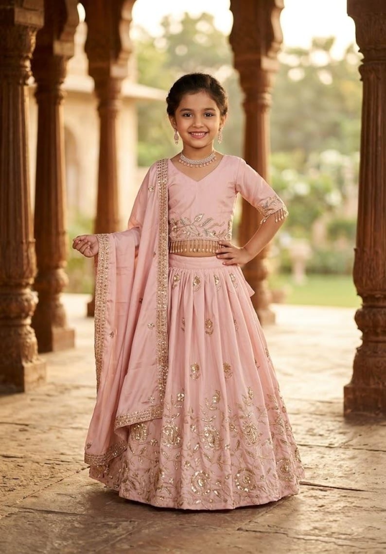 Peut inclure: Un ensemble lehenga choli rose clair compos&eacute; d'un haut court &agrave; manches courtes et d'une jupe longue assortie. Les deux pi&egrave;ces sont orn&eacute;es de broderies dor&eacute;es complexes et de motifs floraux &agrave; sequins, avec un dupatta drap&eacute;.