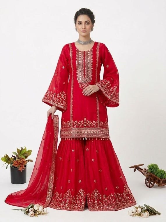 Red Silk Embroidered Salwar Kameez Set, Bell Sleeves, Pakistani Suit