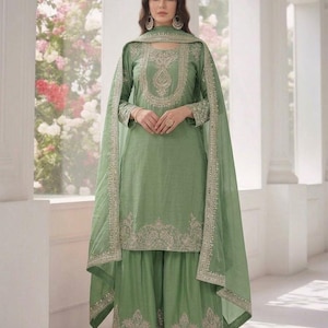 Pista Green Embroidered Kurta Sharara Suit, Bollywood Inspired Designer Wear, Eid Outfit