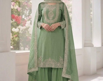 Pista Green Designer Embroidered Kurta Sharara set 3 Pc Salwar Kameez Readymade Bollywood Inspired Designer Wear, Kurta Palazzo Suit for Eid