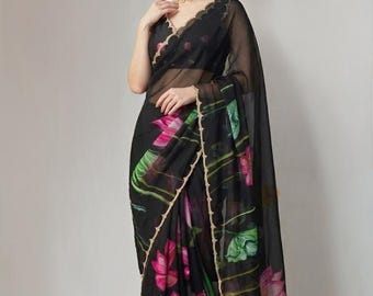 Black Floral Print Organza Saree: Hand Moti Work, Indian Wedding Saree