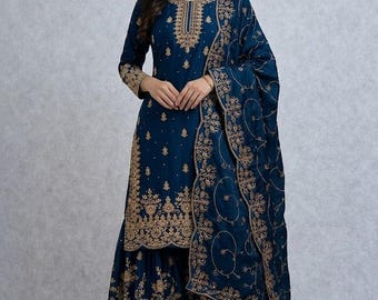 Embroidered Silk Kurta Palazzo Eid Suit, 3 Pc Salwar Kameez, Bollywood Inspired Designer Wear