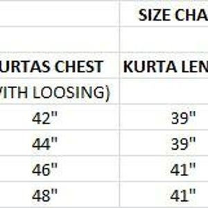 May include: A size chart in a grid format, displaying measurements in inches for kurtas. The chart includes size numbers, chest measurements (42" to 48"), kurta length (39" to 41"), and shoulder measurements (17.5" to 19.5").