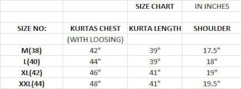 May include: A size chart in a grid format, displaying measurements in inches for kurtas. The chart includes size numbers, chest measurements (42" to 48"), kurta length (39" to 41"), and shoulder measurements (17.5" to 19.5").