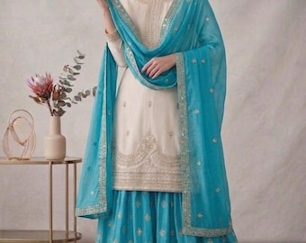Pakistani Embroidered Kurta Palazzo Set, Pure Chinon Silk Sharara Suit