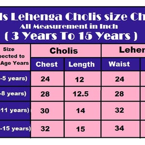 Peut inclure: Un tableau des tailles pour Lehenga Cholis avec un en-t&ecirc;te bleu fonc&eacute; et des lignes roses. Le texte indique Girls Lehenga Cholis size Chart, All Measurement in Inch, 3 Years To 15 Years. Il liste les tailles 24, 28, 32, 36 avec les mesures.
