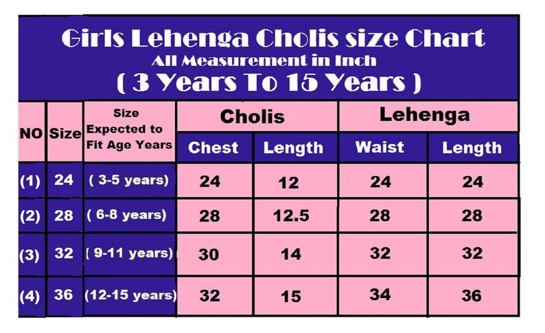 Peut inclure: Un tableau des tailles pour Lehenga Cholis avec un en-t&ecirc;te bleu fonc&eacute; et des lignes roses. Le texte indique Girls Lehenga Cholis size Chart, All Measurement in Inch, 3 Years To 15 Years. Il liste les tailles 24, 28, 32, 36 avec les mesures.