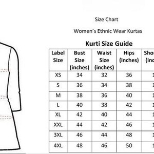 Puede incluir: Una tabla de tallas blanca para Kurtas de ropa &eacute;tnica para mujer. La tabla incluye medidas de busto, cintura, caderas y hombros en pulgadas, con tallas que van de la XS a la 4XL. Un diagrama de un Kurti est&aacute; a la izquierda.