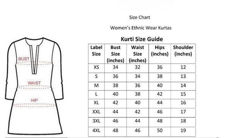 Puede incluir: Una tabla de tallas blanca para Kurtas de ropa &eacute;tnica para mujer. La tabla incluye medidas de busto, cintura, caderas y hombros en pulgadas, con tallas que van de la XS a la 4XL. Un diagrama de un Kurti est&aacute; a la izquierda.