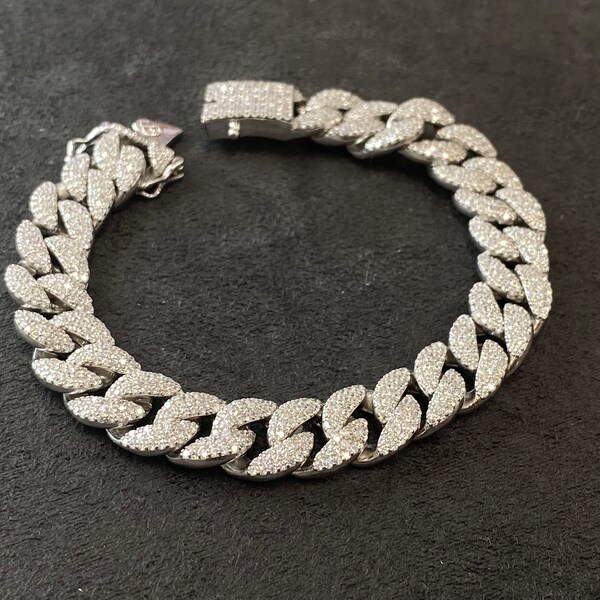 Sterling Silver With CZ Mens 11MM Miami Cuban Chain Bracelet - Available in Yellow and Rhodium, size 7", 7.5", 8" and 8.5"