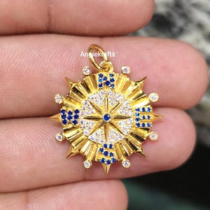 925er Silber Gold Diamant Kompass Saphir Charm Anhänger, Schöner Sunburst Kompass Diamant Rubin Charm, Diamant Saphir Kompass Anhänger